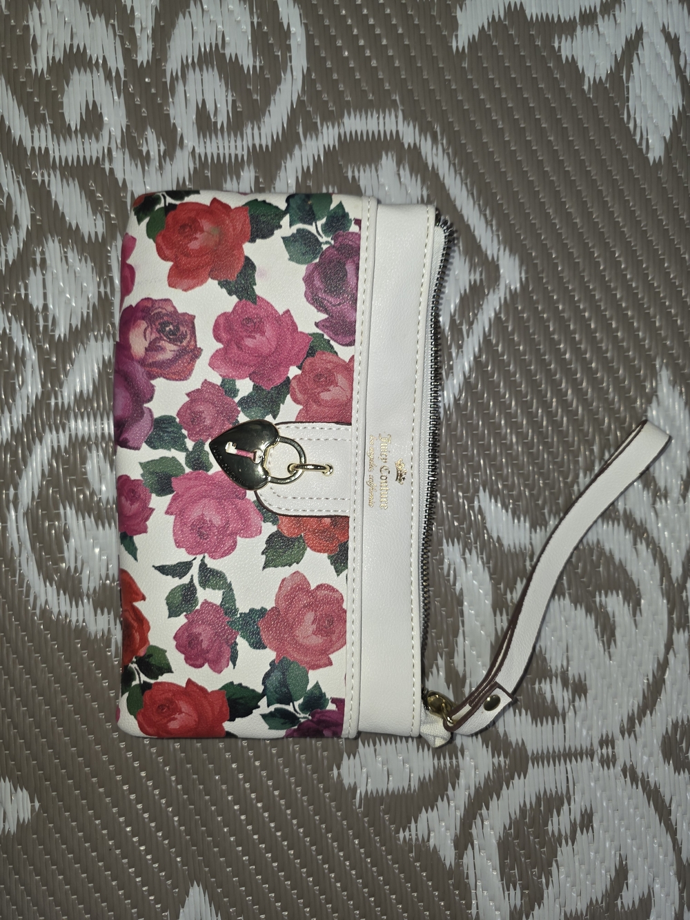 Juicy Couture White Wristlet Clutch with Pink and Red Rose Print